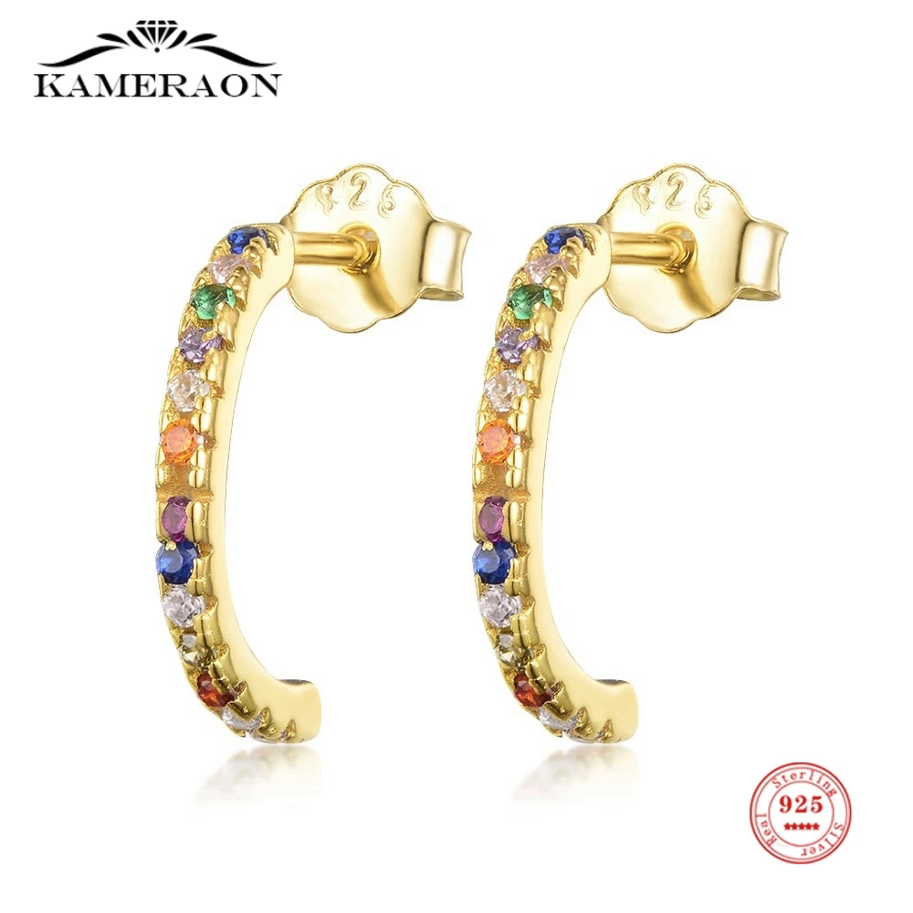 

Kameraon 100% Real 925 Sterling Silver Circel Stud Earring Colorful Pave Zircon Earrings for Women CZ Pendientes Brincos Joyeria