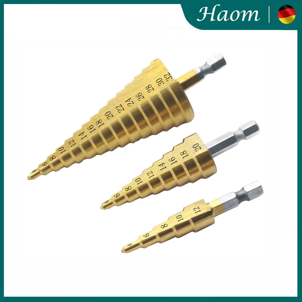 

4241 Material Haom 1/4 Hex Shank Titanium Step Drill Bit High Speed Steel 15 Steps Hex Shank 4-32MM