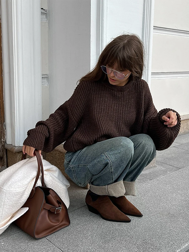 Винтажный вязаный женский свитер оверсайз с длинными рукавами-фонариками и