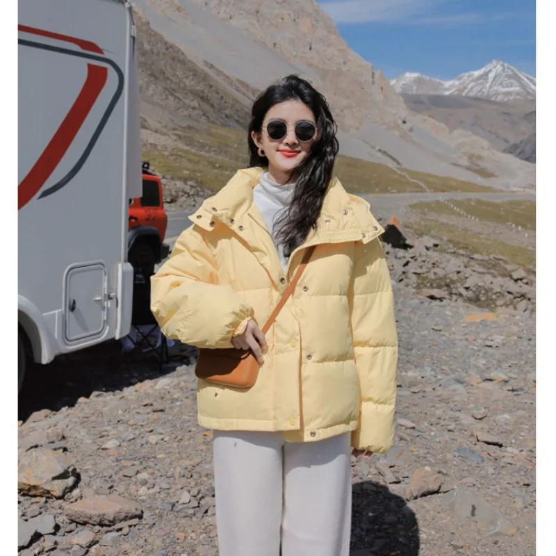 Casual Short Down Jacket Women Outdoor 90% White Eiderdown Cream Bag Loose Overcoat Half High Collar Solid Color Winter Coat