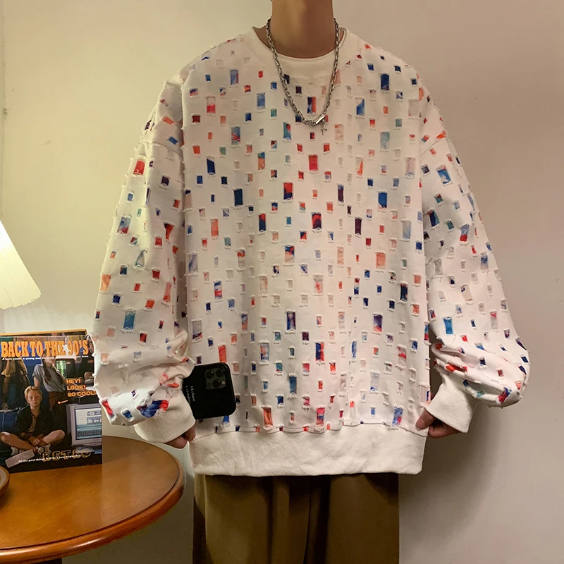 

Priathinker Wash Sweatshirts Man Loose Ripped Hole Printing Tops Korean Fashion O Neck Pullover Sweater Harajuku Y2k Oversized