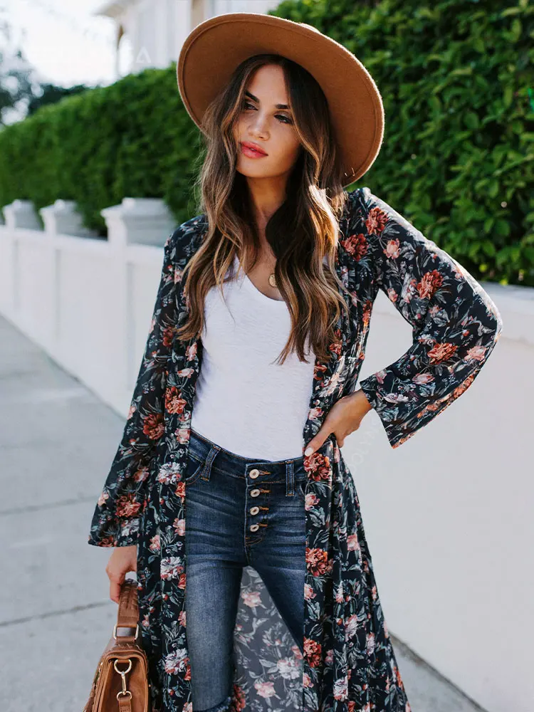 Винтажное длинное кимоно с цветочным принтом элегантная уличная одежда 2023