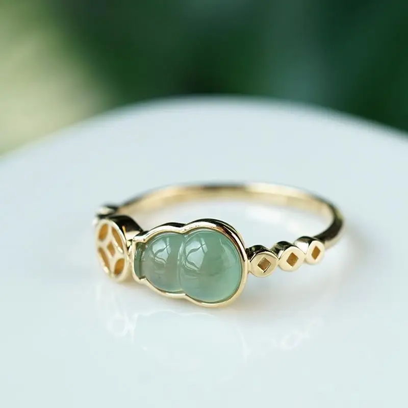 

Natural Hetian jasper gourd yuanbao ladies ring opening adjustable Chinese retro creative fresh charm silver jewelry