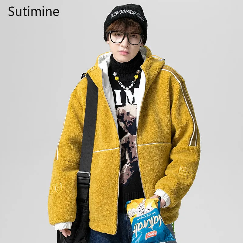 Winter Coat Youthful Vitality Turn-down Hooded Youth Casual Loose Cotton Coat Daily Lamb Coat Pockets Zipper Men Clothing