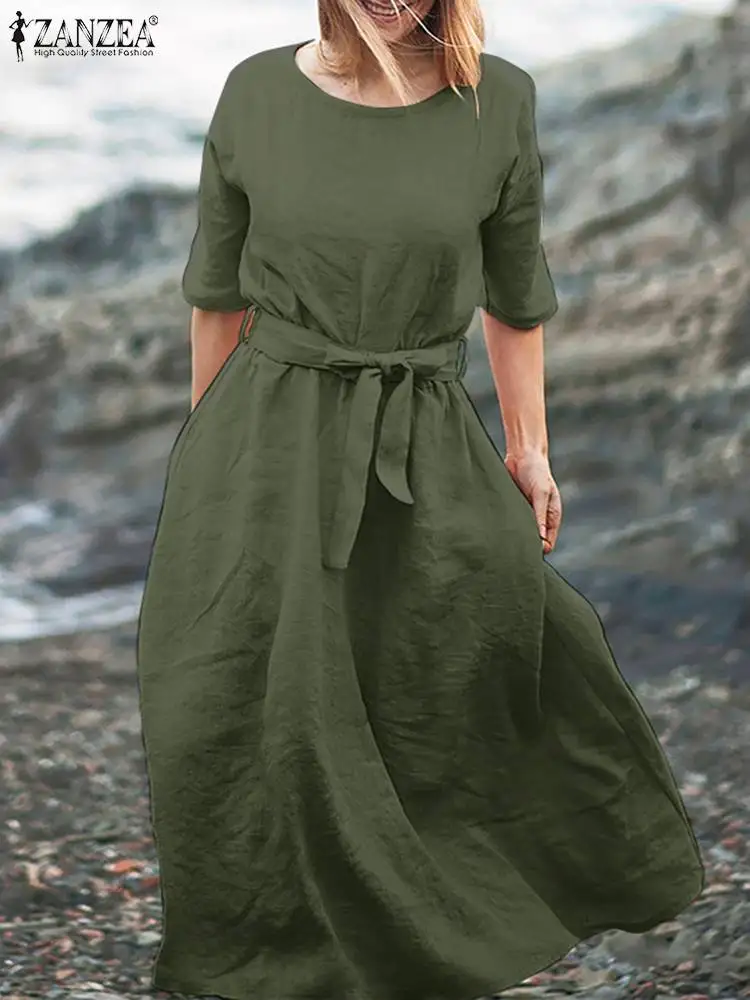 

Повседневный элегантный свободный женский сарафан ZANZEA, летнее однотонное платье с поясом, хлопковые платья-трапеции до колена с полурукаво...