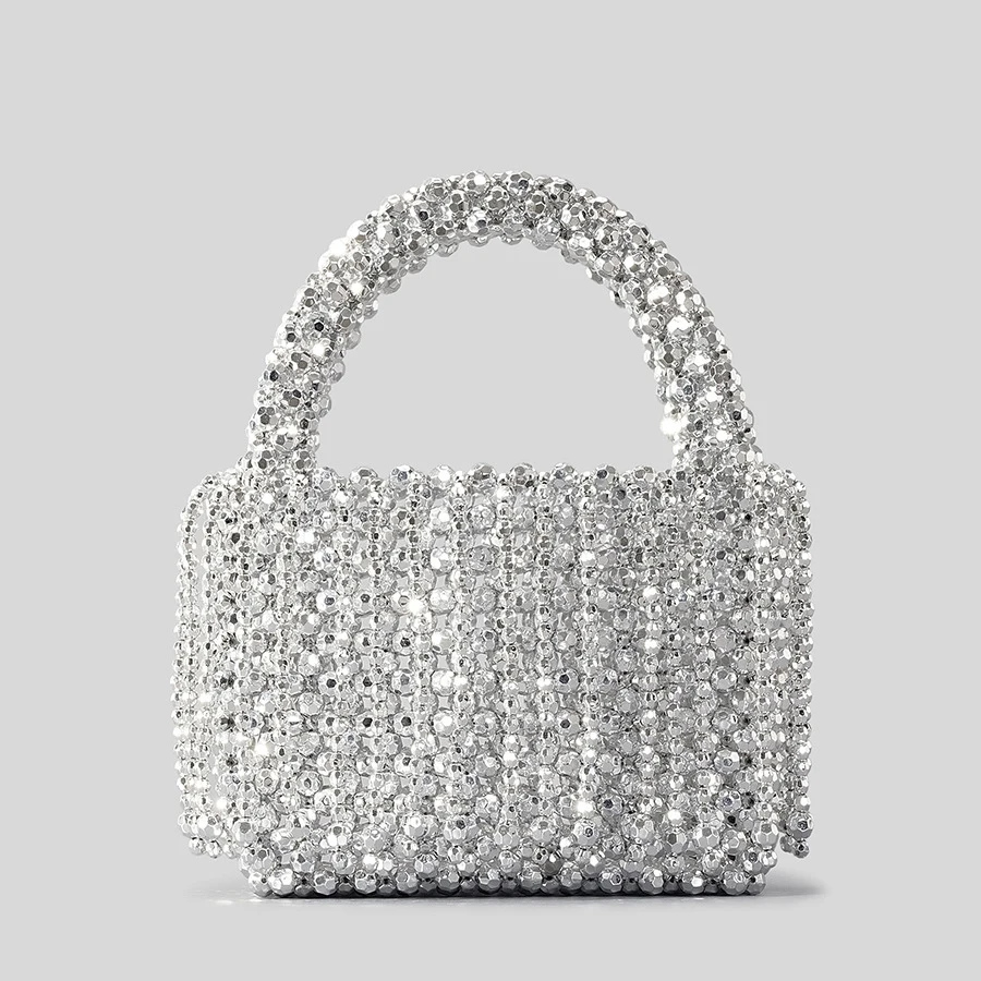 Fashion Acrylic Beading Tassel Women Handbags Silver Beaded Handbags Handmade Woven Summer Beach Small Tote Party Purses 2023