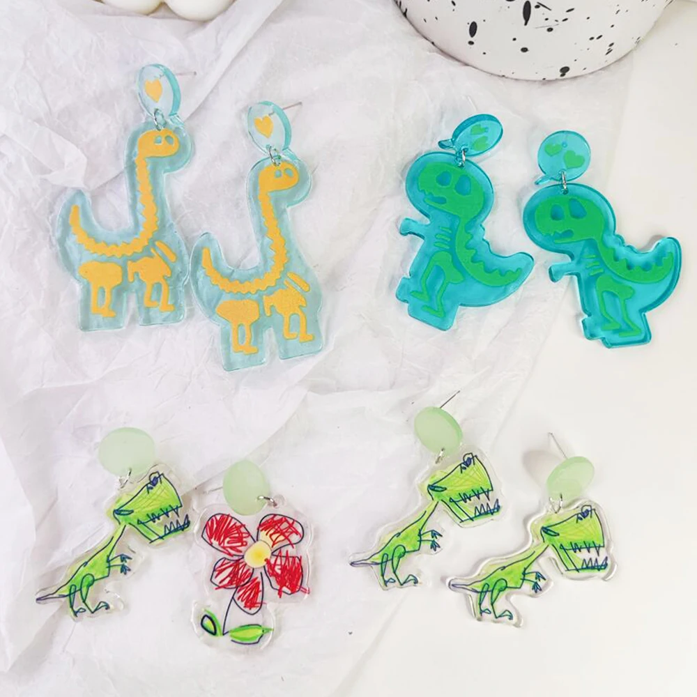 

Милые стильные акриловые серьги с ручной росписью в виде костей динозавра, висячие серьги с цветами для женщин и девушек, ювелирные изделия ...