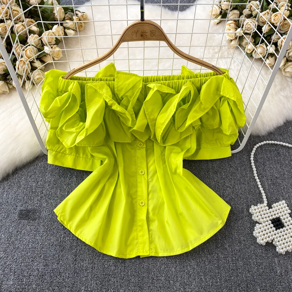 

Runway Summer Off The Shoulder Slash Neck Ruffled Patchwork Single Breasted Shirt Women's Wear Loose Fashion Casual Blouse