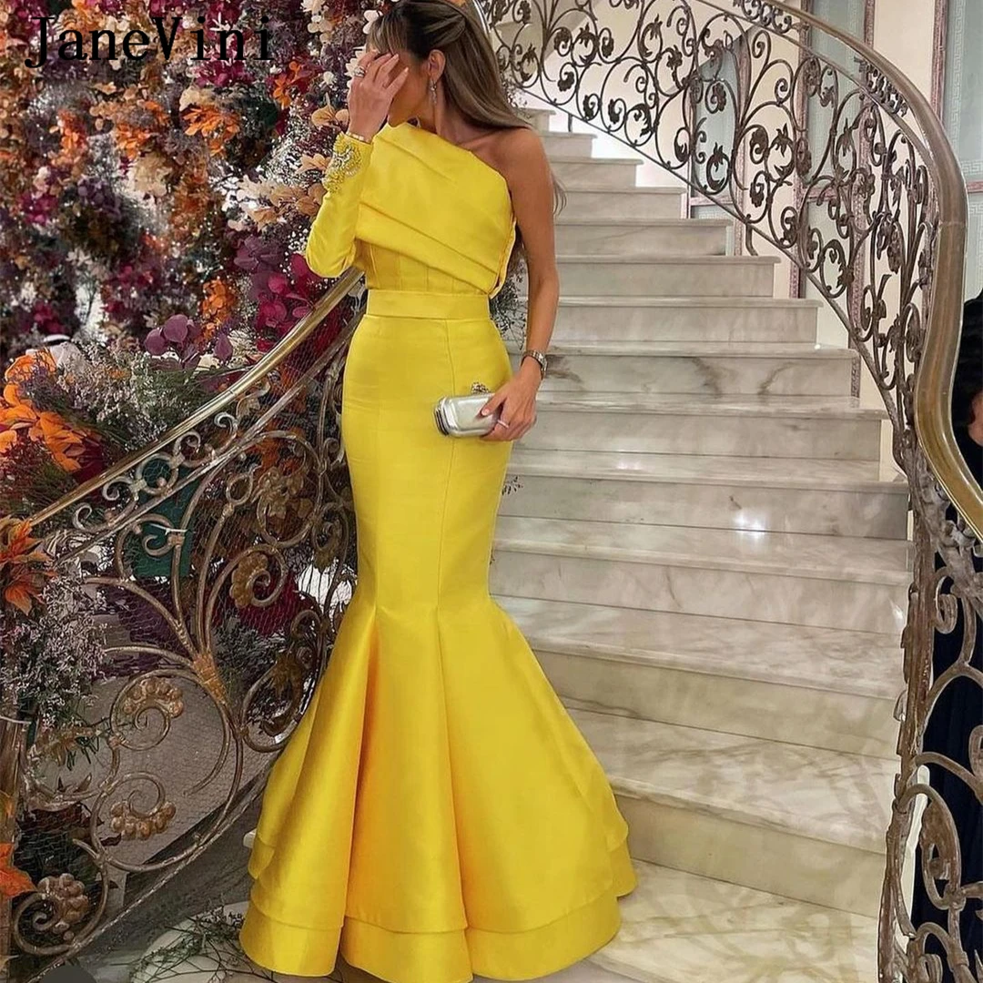 

JaneVini One-Shoulder Yellow Mermaid Prom Dresses for Women Beaded Pearl Long Sleeve Ladies Evening Formal Gowns Feestjurken
