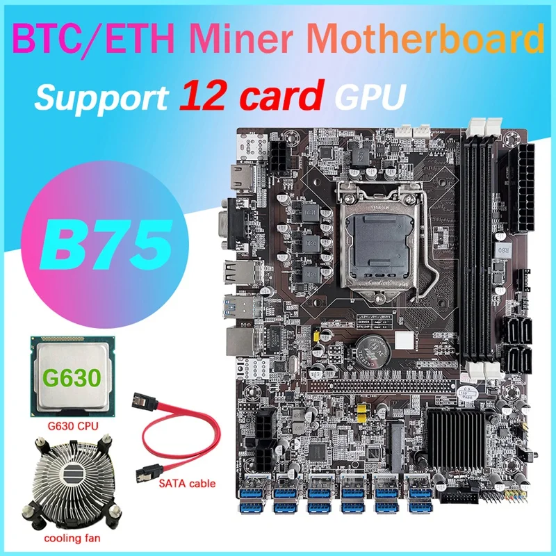 

Материнская плата B75 12 Card GPU BTC для майнинга + процессор G630 + охлаждающий вентилятор + SATA кабель 12x USB 3,0 слот LGA1155 DDR3 ОЗУ MSATA ETH Майнер