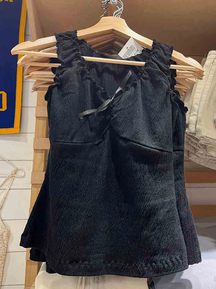 

Vintage Ruffles V Neck Tank Tops Women Summer Retro Solid Sleeveless Slim Y2k Crop Top Female Sweet Cute Cotton Bow Vests 2023