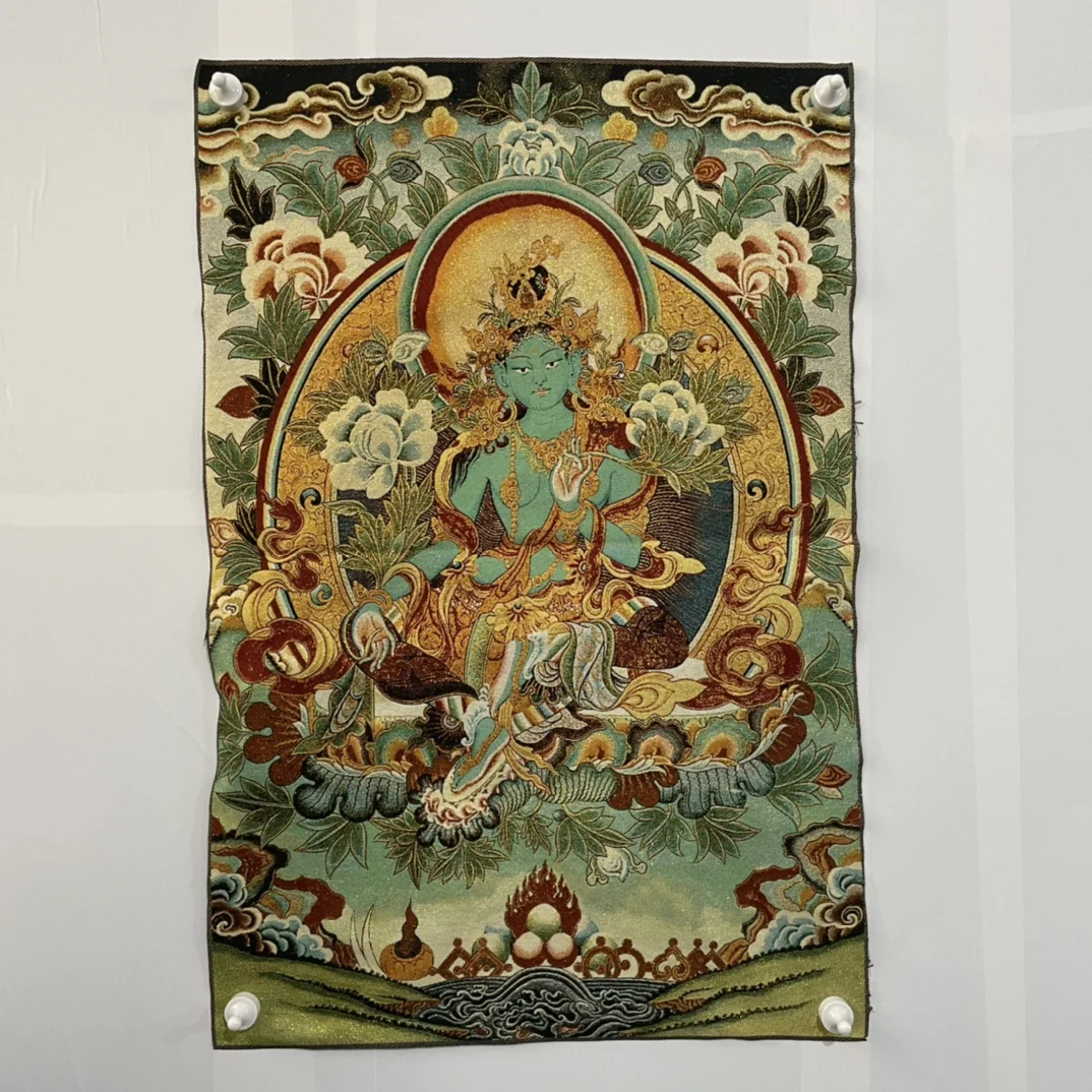 

35" Thangka embroidery Tibetan Buddhism silk embroidery twenty one mother Green Tara lotus platform Thangka hanging screen