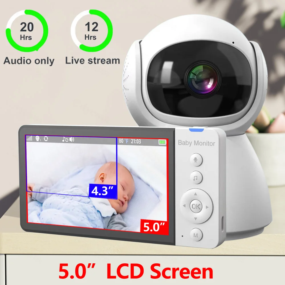 5.0 inch Wireless Video Baby Monitor 5000mAh Battery IPS Screen With Nanny PTZ Camera 2-Way Audio VOX Lullaby SD TF Card Record