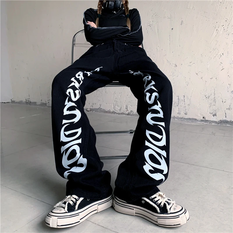 

High Street Jeans Ins Fashion Letter Print Denim Trousers Streetwear Hip Hop Gothic Vintage Washed Straight Pants Women's Men's