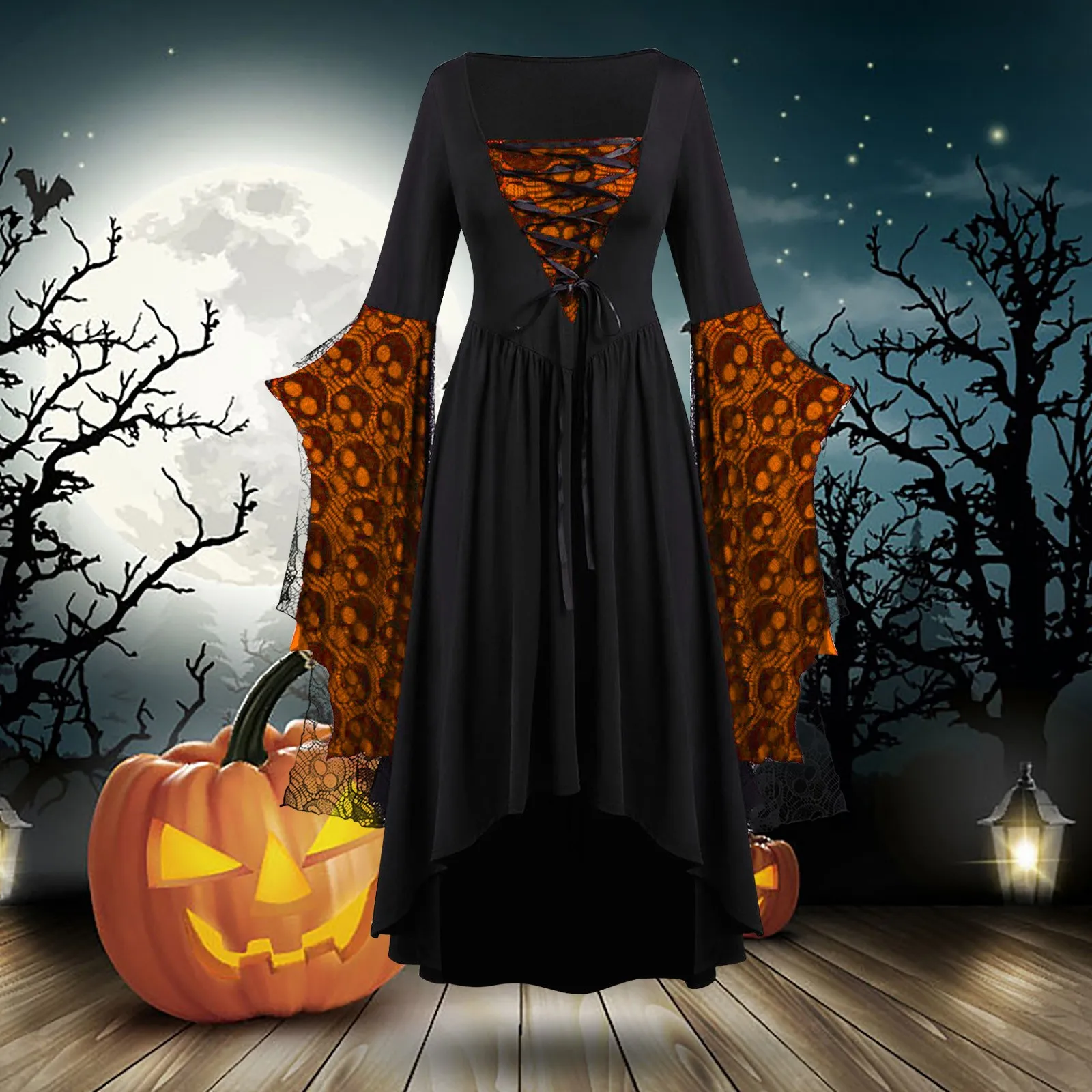 

Leather Medieval Boots Were Womens Women's Gothic Dress Vintage Tea Dress Halloween Party Dresses Long Sleeve Lace Splicing