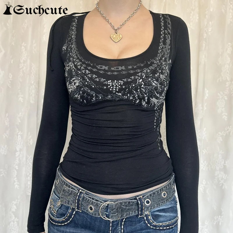 

SUCHCUTE Back Lace Up Vintage Knitted Graphic T-shirts Women Long Sleeve Bra Printed U-Neck Harajuku Casual Tees Tight Fitting