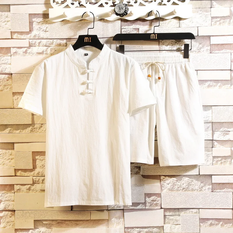 

Cotton Solid And Shirt+shorts M-5XL Suits T-shirt+shorts Male 7006 Home Linen Short Arrival Set Sleeve New Men's
