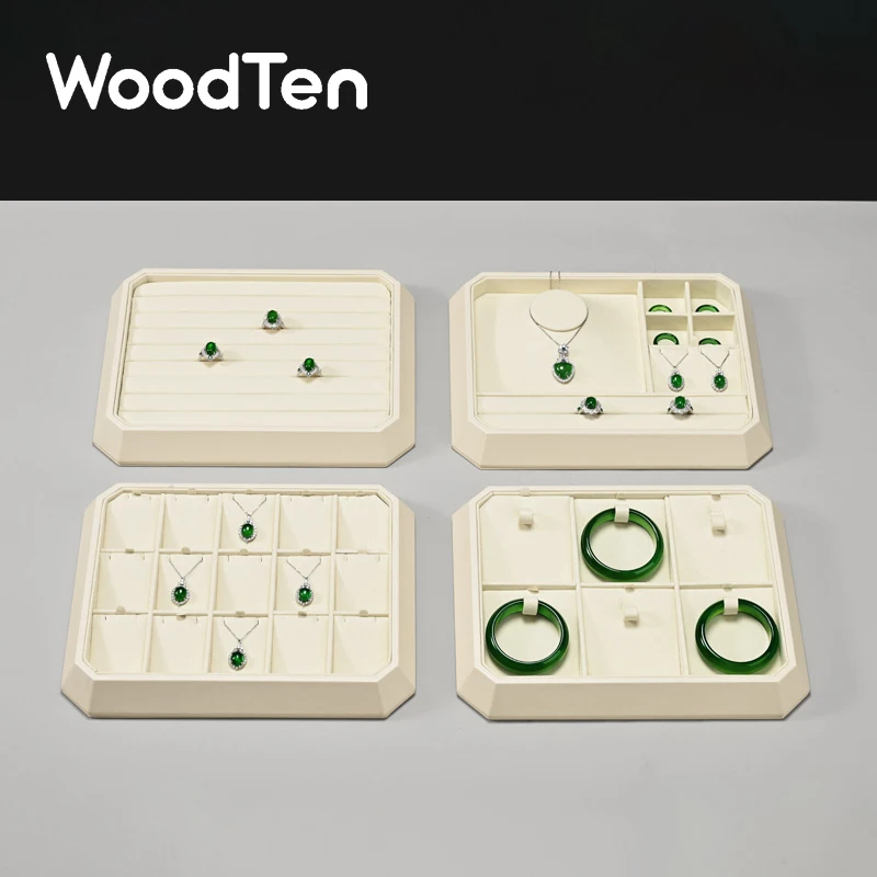 Фото WoodTen Высококачественный поднос для ювелирных изделий Бежевая кожаная табличка для демонстрации ювелирных изделий Креативная восьмиугольная пластина Браслет Кольцо Нефритовый поднос для просмотра драгоценностей №1