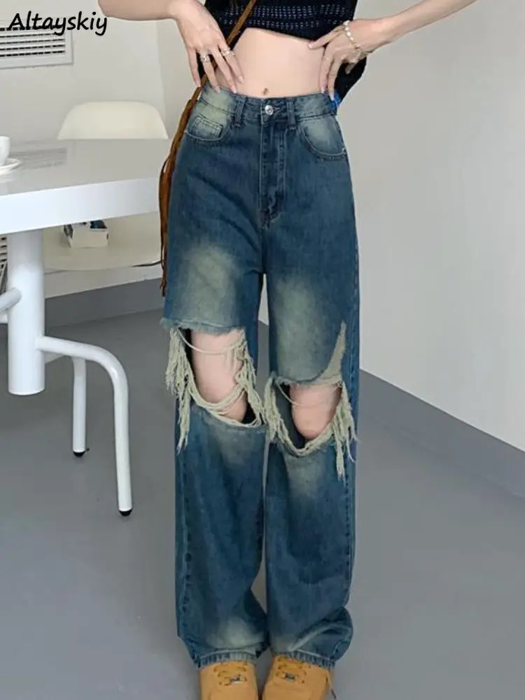 

Hole Jeans Women Ripped Vintage Fashion Loose S-5XL Casual High Waist Streetwear All-match Straight Trousers Chic Ulzzang Summer