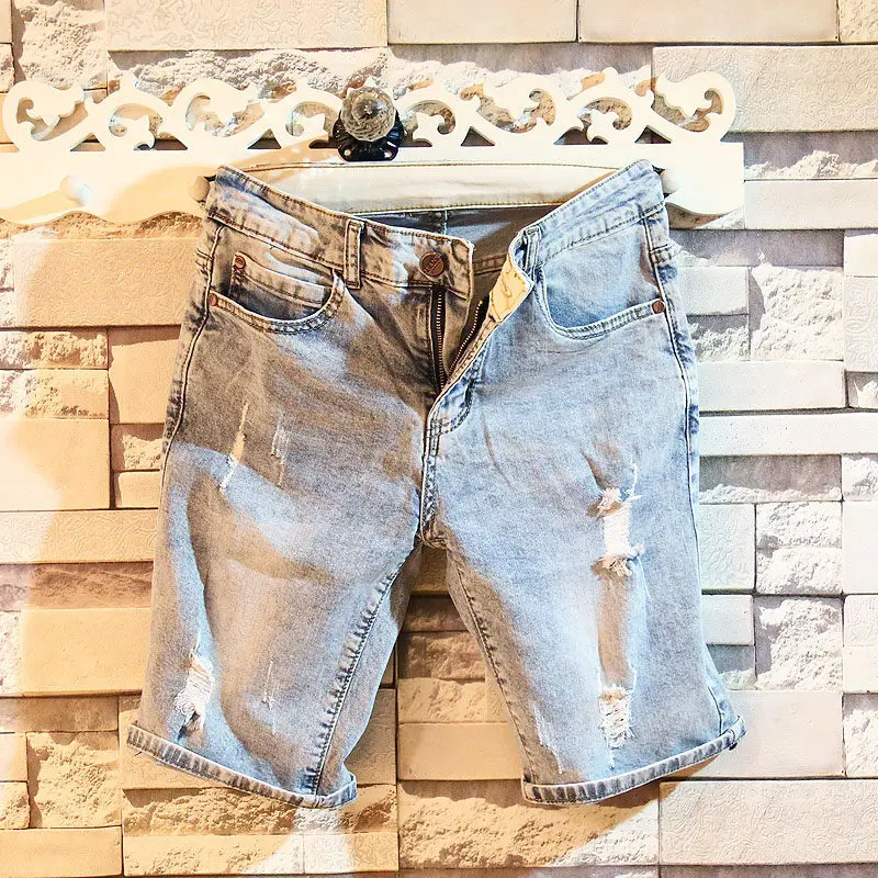 Лето 2022, модные мужские джинсовые шорты для подростков, брендовые модные рваные узкие прямые мужские шорты до колена с дырками
