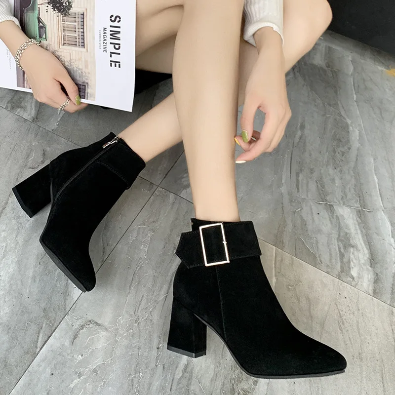 Fashion Women Boots Casual Leather High Heels Spring Autumn Shoes Woman Pointed Toe Ankle Boots Ladie Casual Shoes Zapatos Mujer