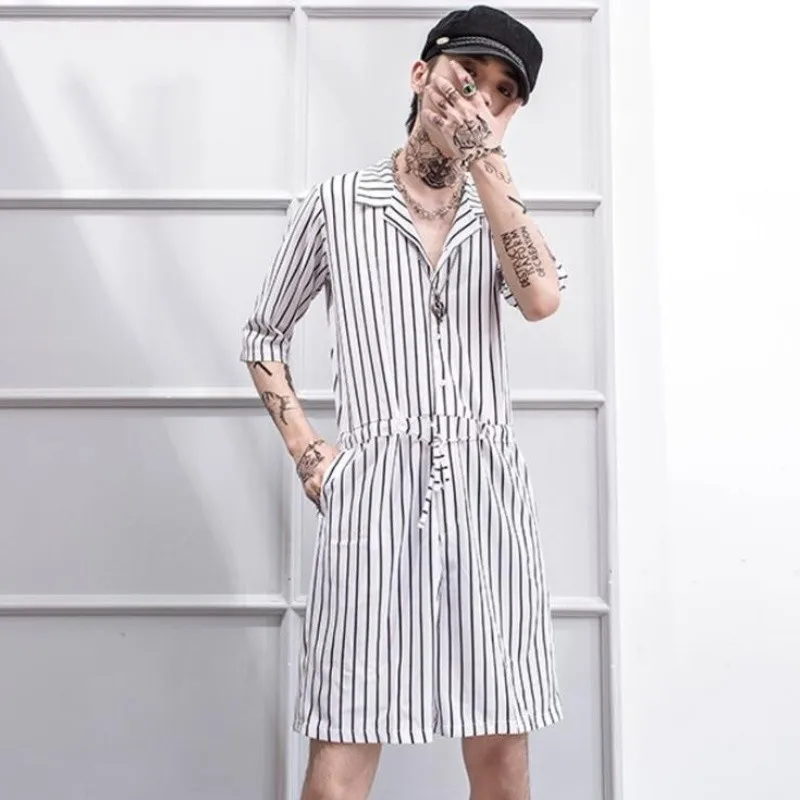Summer New Stripe Hip-hop Mens Jumpsuits Trendy Male Retro Loose Short Sleeved Brand Onesies Overalls Vertical Stripes Shorts