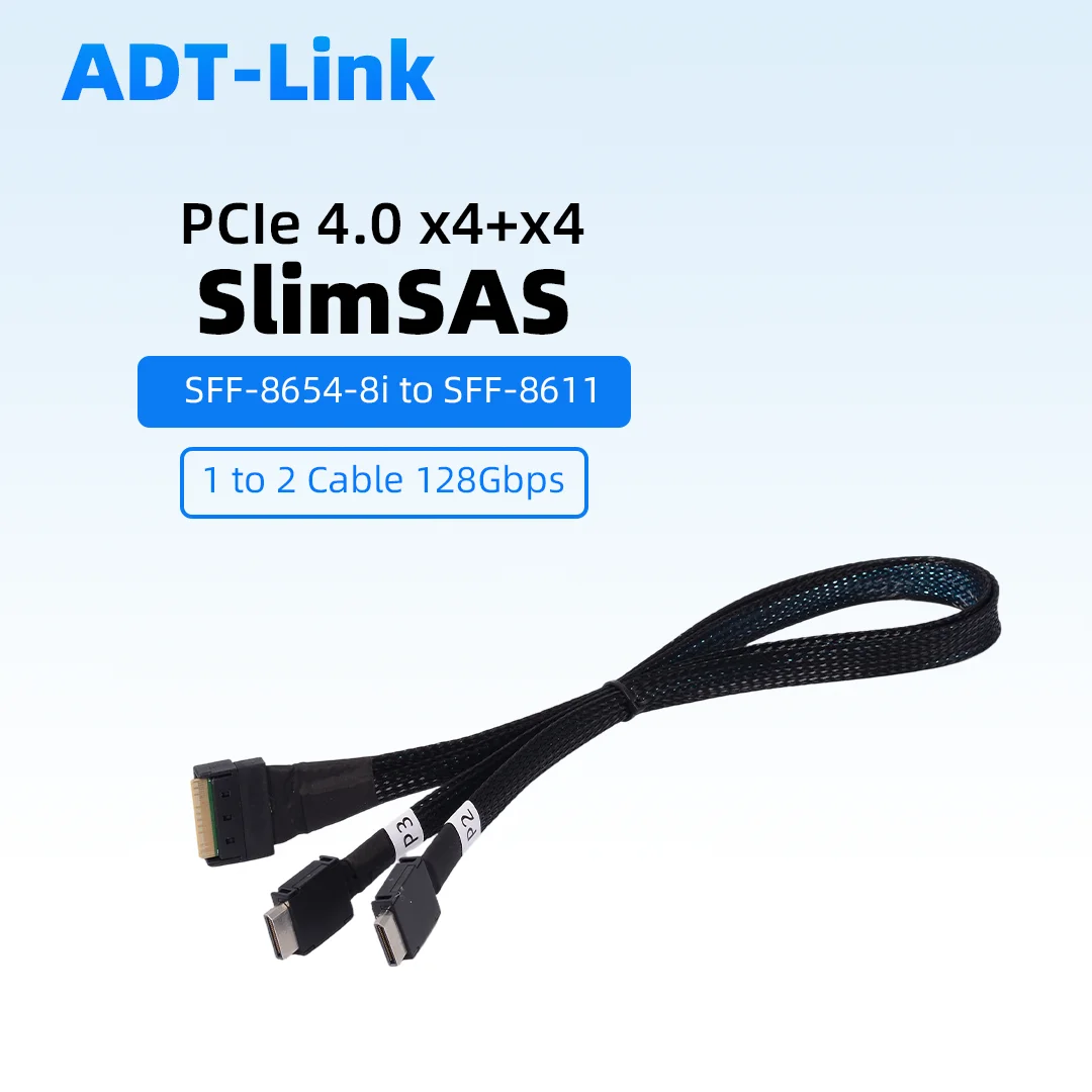 Фото Кабель SlimSAS SFF-8654 8i на SFF-8611, 1 на 2, MCIO x8, PCIe 4.0 X8 /x4+x4 Gen4, SFF-8639, SFF-8654, поддерживает разделение OCuLink U2 №1