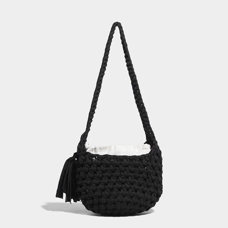 LOERSS Fabric Bucket Bag Knitted Shoulder Bag Beach Vacation Crossbody Bag for Women Hollow Casual Handbag Handmade Female Bag