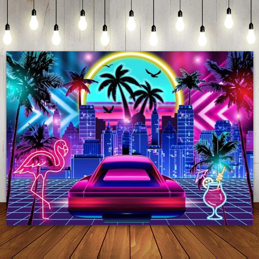 Miami Backdrop 60s 70s 80s Disco Neon Birthday Party Decoration Tropical Summer Palm Tree Flamingo Photo Booth Banner Poster