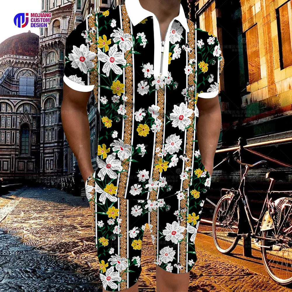 2023 Luxury Men's Polo Shirt Casual Brand Big Gold Chain Set 3d Color Printing Short Sleeve New T-Shirt Men's Lapel Zipper Short