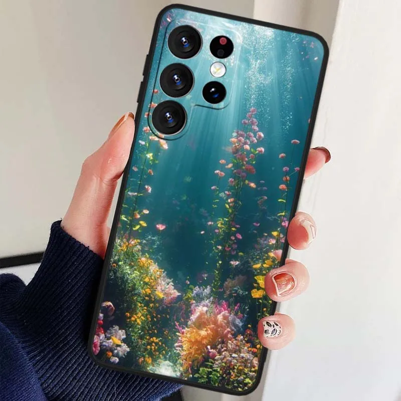 Фото Красивый чехол с морским узором для Samsung Galaxy S25 S24 S23 S22 S21 S20 S10 S9 S8 FE Lite Ultra Plus 5G, черный чехол для телефона №5