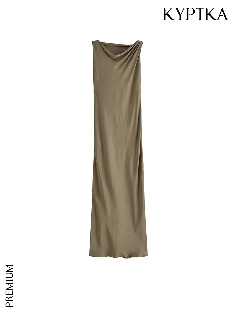

Платье-миди женское атласное Плиссированное без рукавов с воротником-хомутом