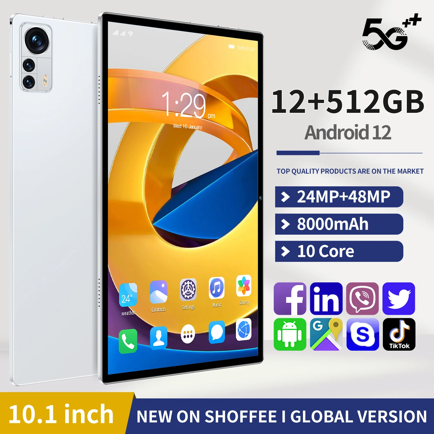 

Pro 10.1 Inch Tablets Octa Core 12GB RAM 512GB ROM Android 11 Google Play Dual 5G Network GPS Bluetooth WiFi Tablet PC