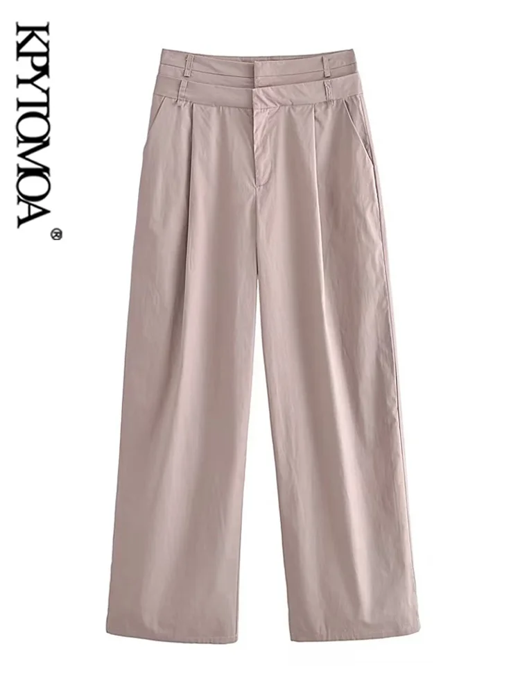 

KPYTOMOA Women Fashion Side Pockets Front Pleat Straight Pants Vintage High Double Waist Zipper Fly Female Trousers Mujer