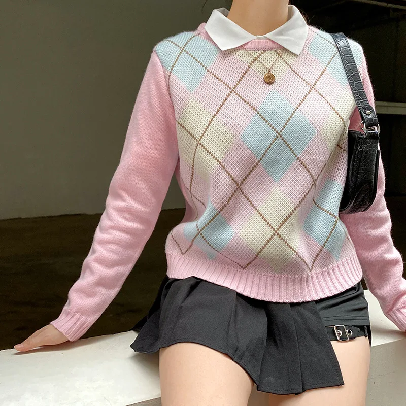 

Women Sweet Y2k Preppy Style Argyle Knitted Sweater Fashion 90s Pink Long Sleeve Jumpers Winter Aesthetic Knitwear Autumn Tops