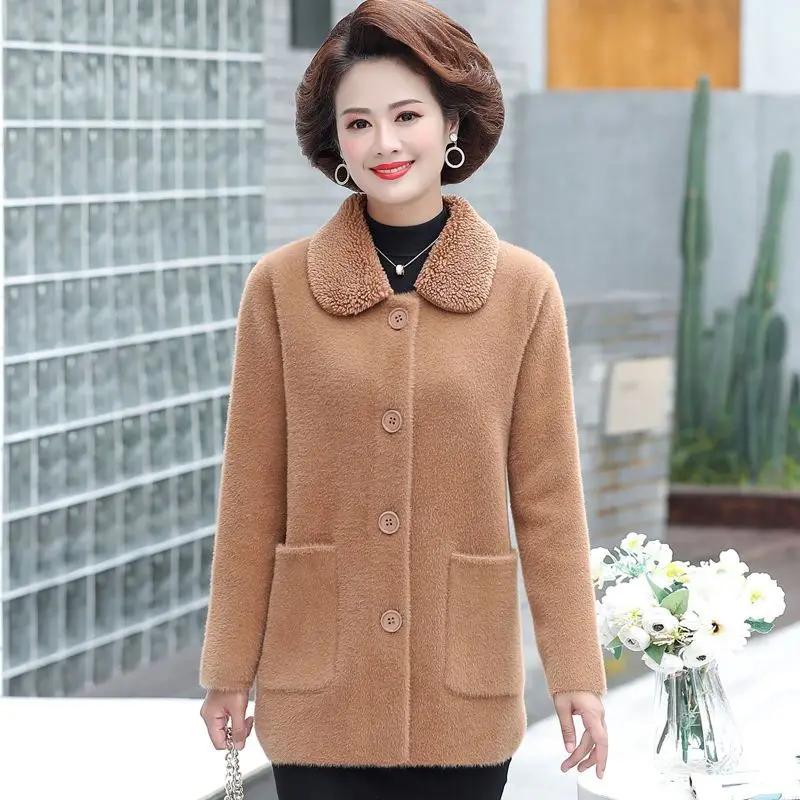 

2022 Women Autumn Fashion Middle-aged Knit Jackets Female Imitation Mink Velvet Cardigans Ladies Solid Color Loose Coats Y449