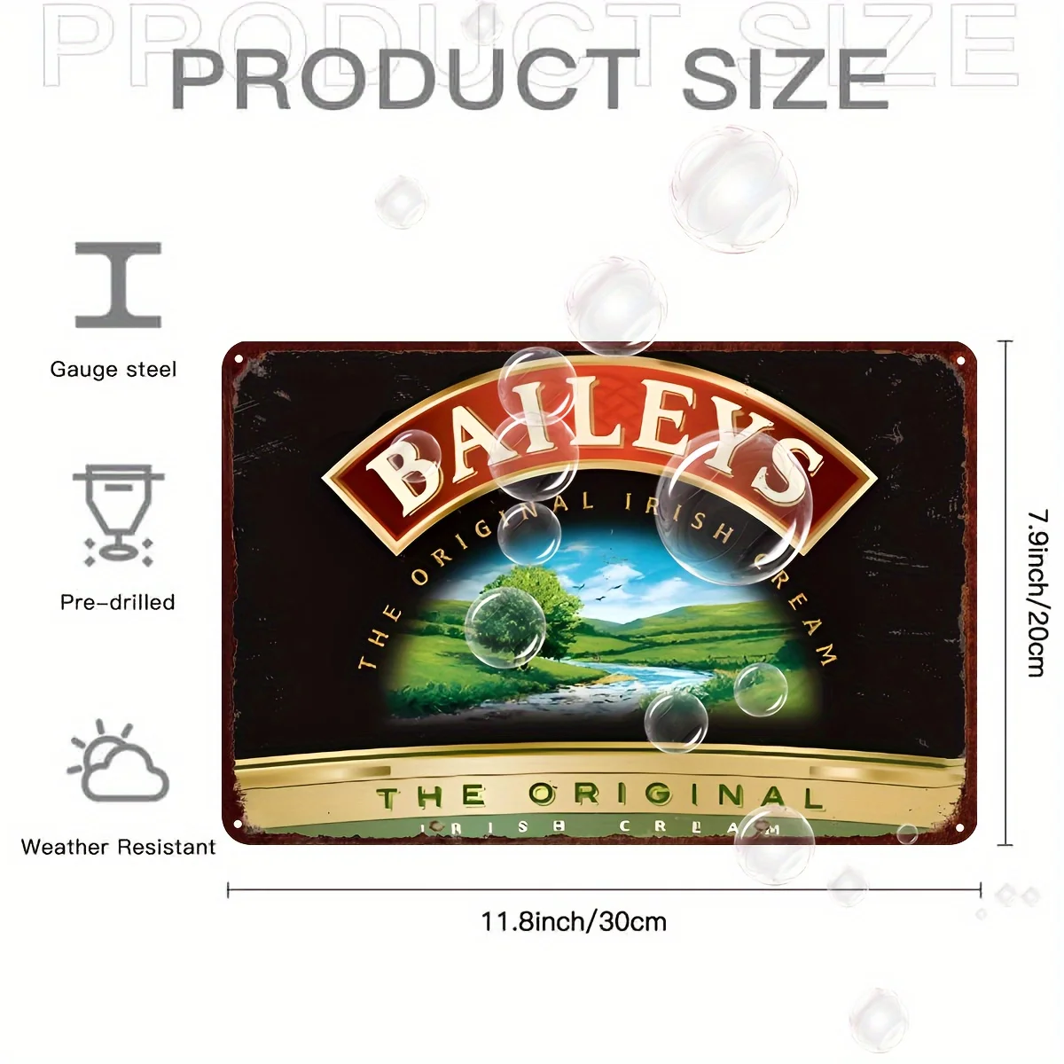 Фото Винтажная металлическая вывеска Baileys — «Оригинальный ирландский кремовый» настенный декор, устойчивая к атмосферным воздействиям железная табличка с предварительно просверленными отверстиями, Perfec №1