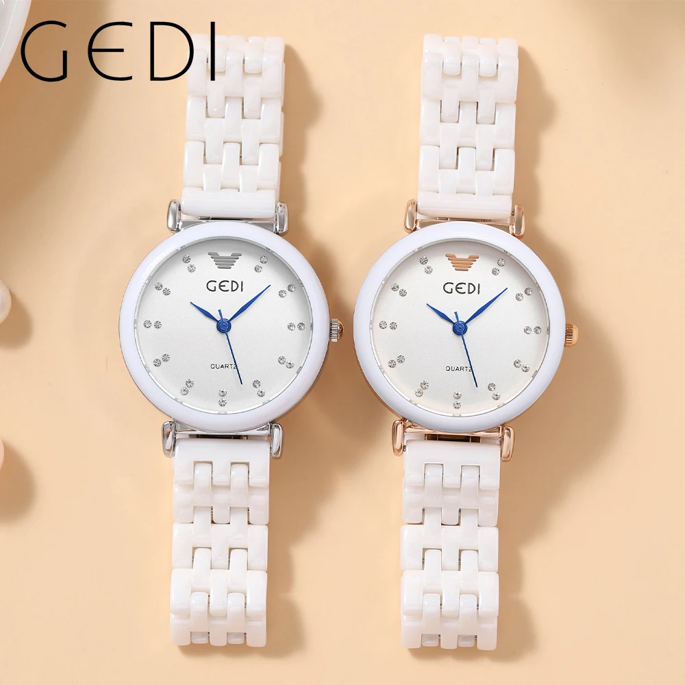 GEDI Fashion White Ceramics Women Watches Elegant 30M Waterproof Diamond Scale Ladies Quartz Watch Gift for Girls Reloj Mujer