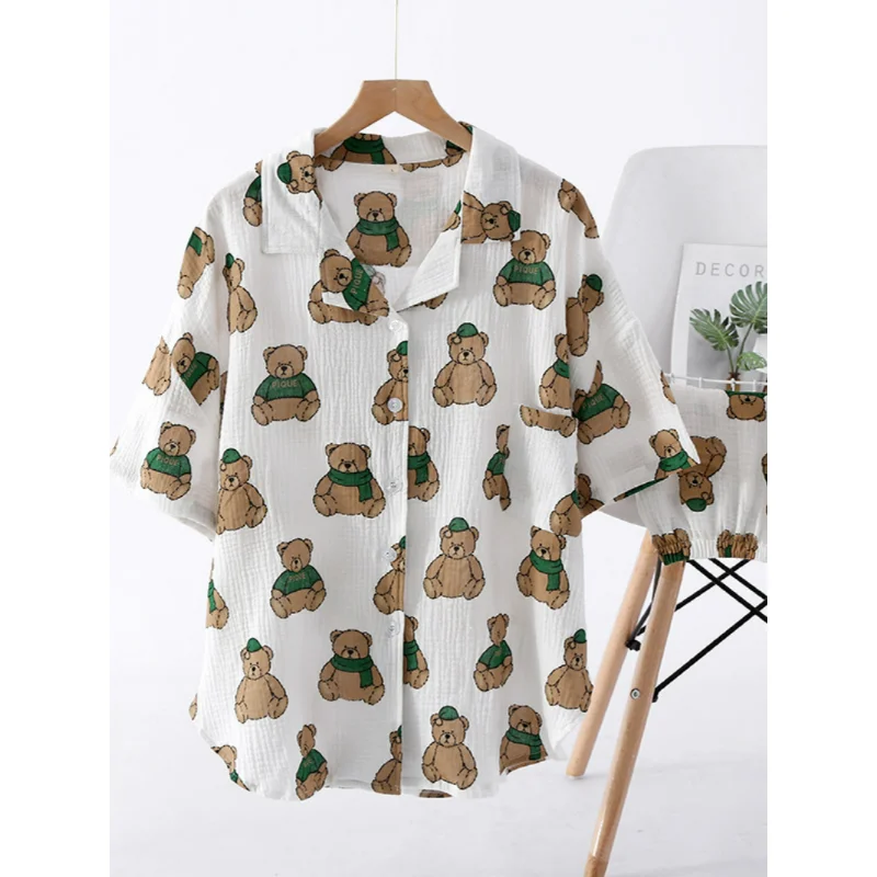 Couple Pajamas Short Sleeve Shorts Suit Green Bear Printing New Summer Cartoon Crepe Swallowtail Women Men Cute Home Clothes Set
