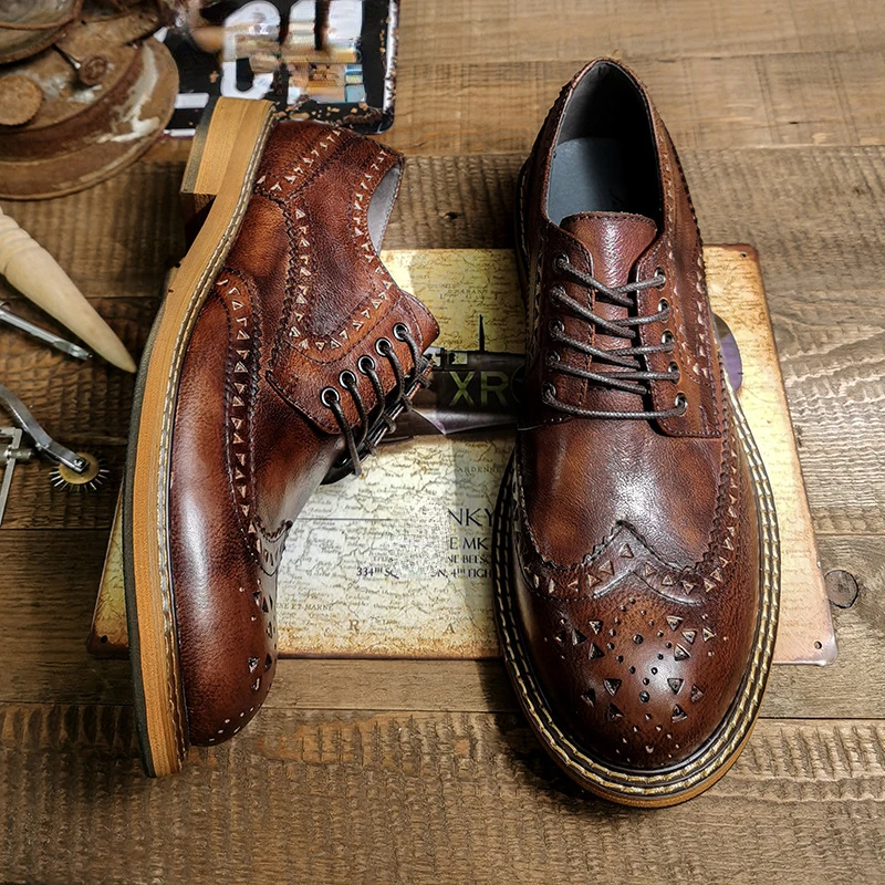 

Vintage Men's Genuine Leather Brogues Dress Shoes Luxury Brand Handmade Fashion British Style Autumn Wedding Social Shoes Man