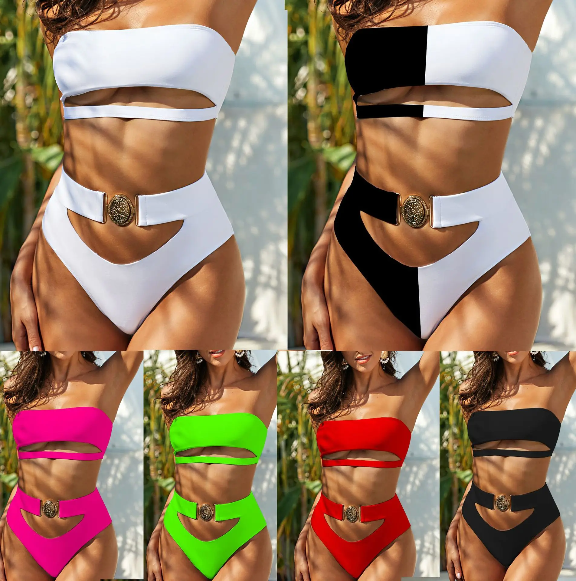 2021 sexy push-up bikini suit bodybuilding swimwear ladies metal buckle tube top bandage beach bikini