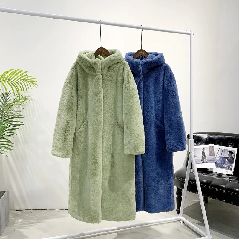2021 Coat Faux Mink Hair Long Hooded Loose Thickened Faux Fur Coat Coat for Female Winter Thick Luxury Clothes Warm Thick  Fur