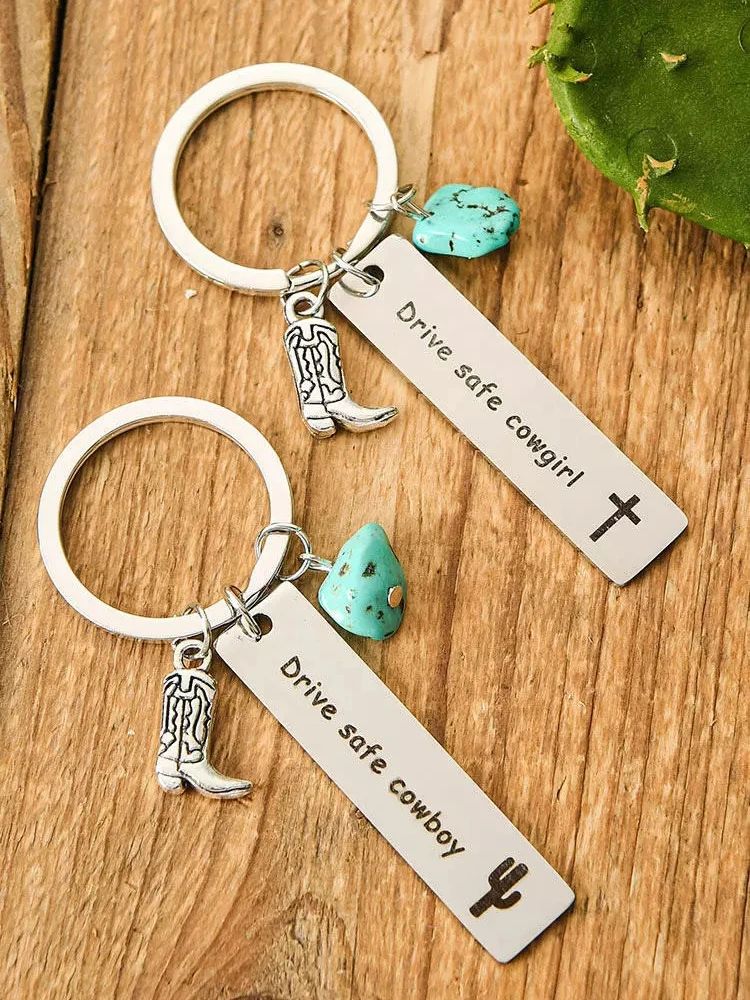 

Drive Safe Cowboy Cactus Turquoise Keychain Metal Gift KeyChain Charm for Unisex Accessory Stainless Steel Pendant Key Ring