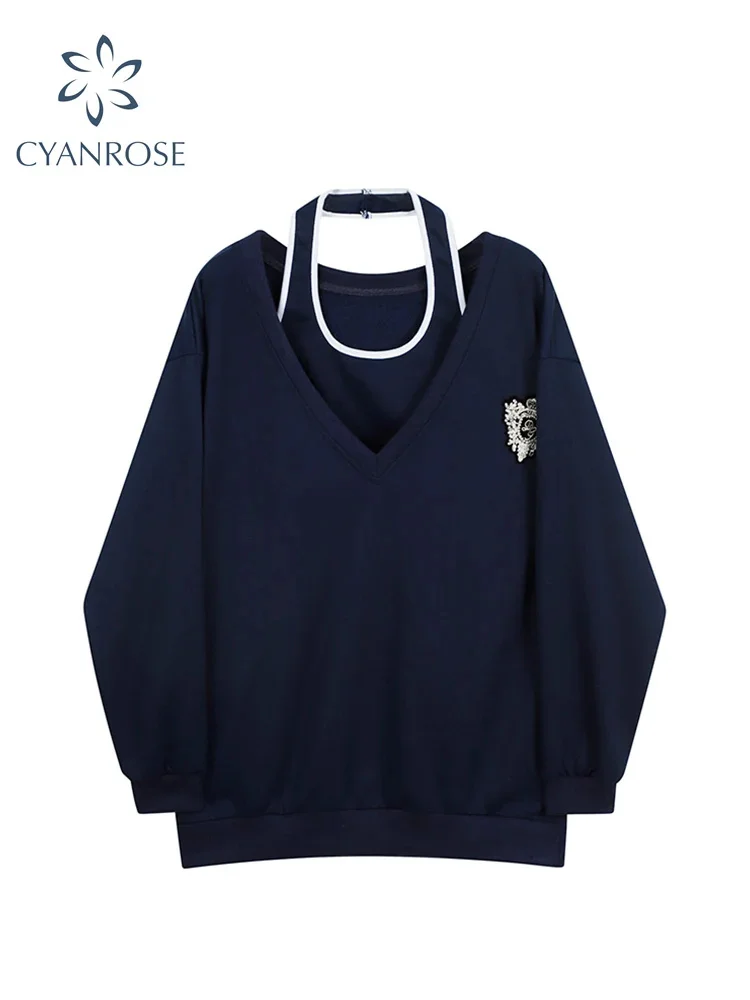 

Женский осенний комплект из 2 предметов, толстовка с V-образным вырезом и жилет на бретелях, Корейская одежда с длинным рукавом, новинка, 2023