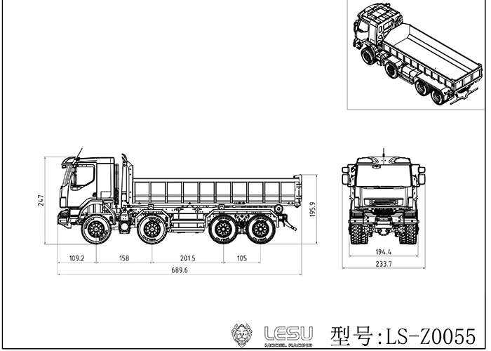 Радиоуправляемый самосвал LESU 8x8 114 с гидравлическим подъемом кузова, система звука и света TAMIYA, неокрашенный, неразобранный комплект (KIT) (art.: 3920d882bfb15) - 3920d882bfb15