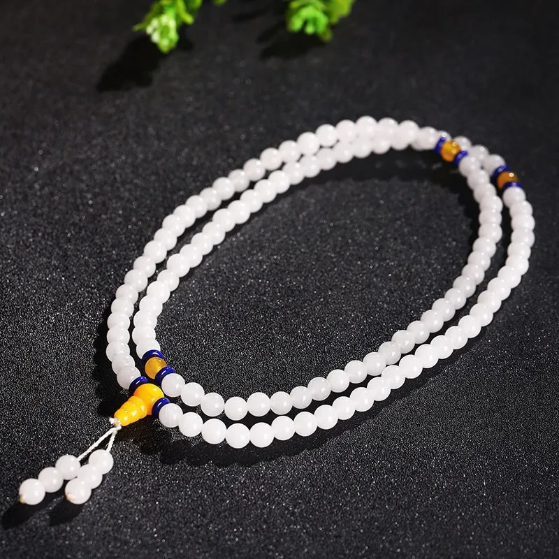 

White Golden Silk Jade 108 Bead Mala Bracelet Men Women Fine Jewelry Real Chinese Jades Stone Beads Bangle Jadeite Bracelets