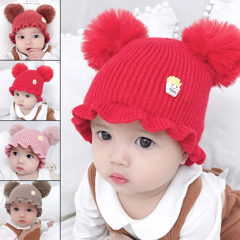 

Korean Cute Ruffle Baby Hats Fashion Autumn Winter Unisex Cute Two Pompom Soft Earflap Cap Newborn Toddler Girl Boy Beaine Bonne