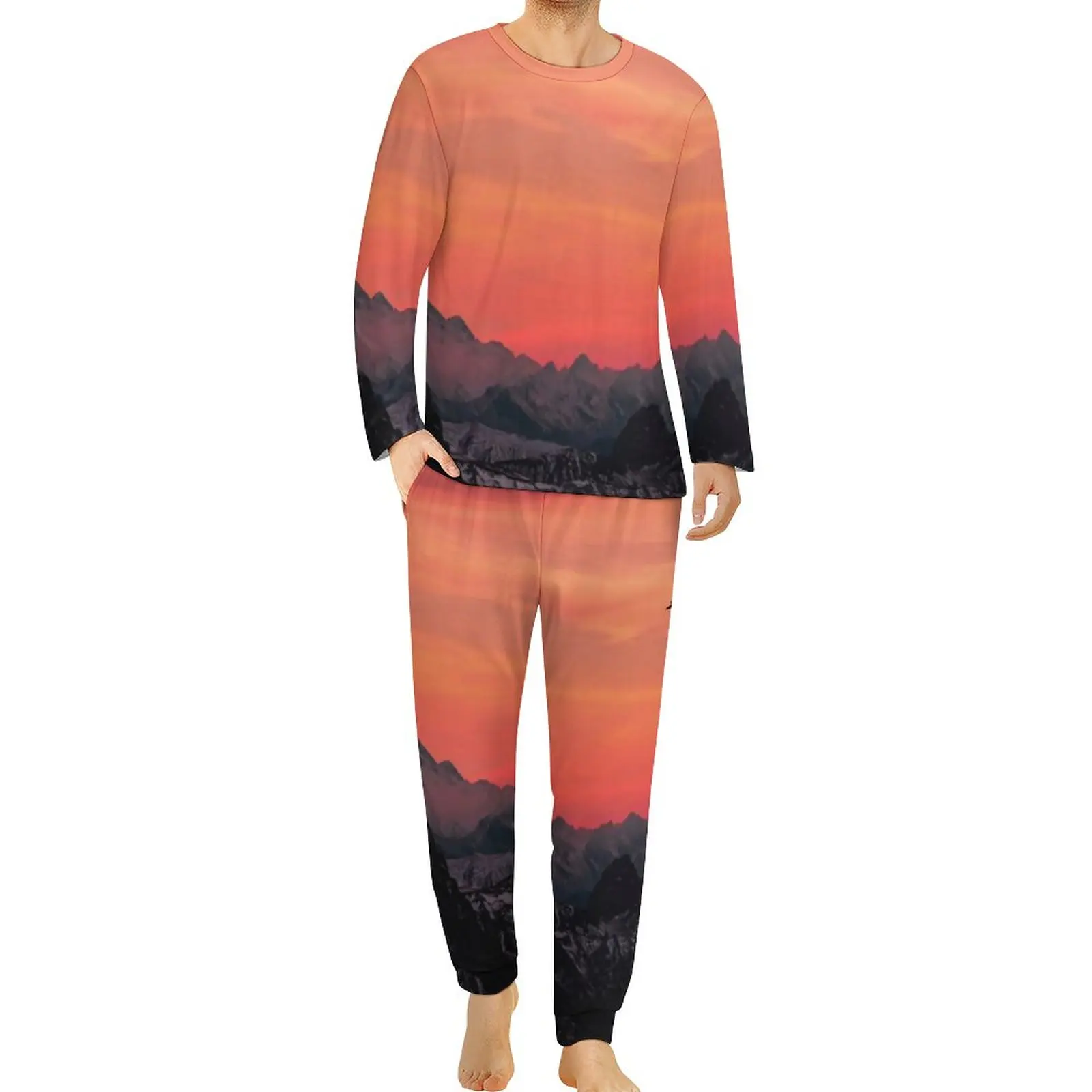 Mountain Print Pajamas Daily Orange Sunset Casual Sleepwear Man 2 Pieces Graphic Long Sleeves Romantic Oversize Pajama Sets