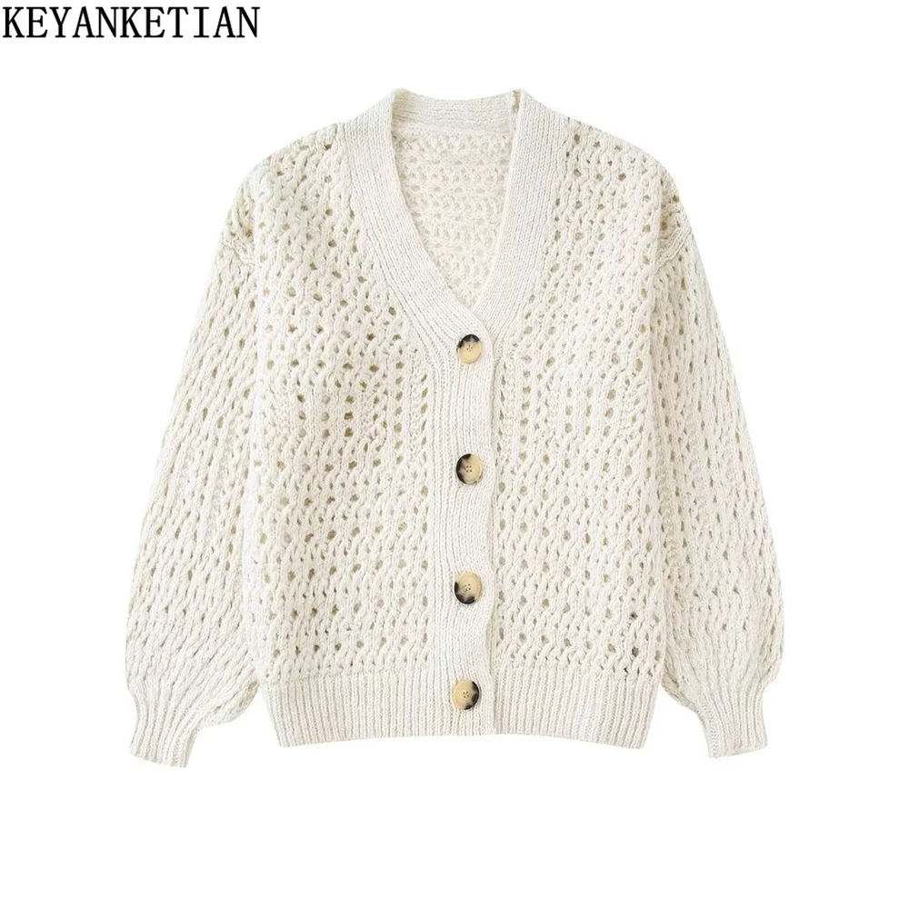 

Женский вязаный свитер большого размера KEYANKETIAN, осенне-зимний Кардиган с V-образным вырезом и длинными рукавами