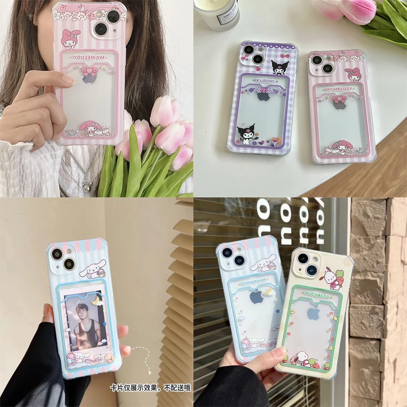 Купи Sanrio Hello Kitty Kuromi Melody Cinnamoroll Anime Character Back Card Holder Clear IPhone 11 12 13 14 Pro Xs Xr Max Case за 154 рублей в магазине AliExpress